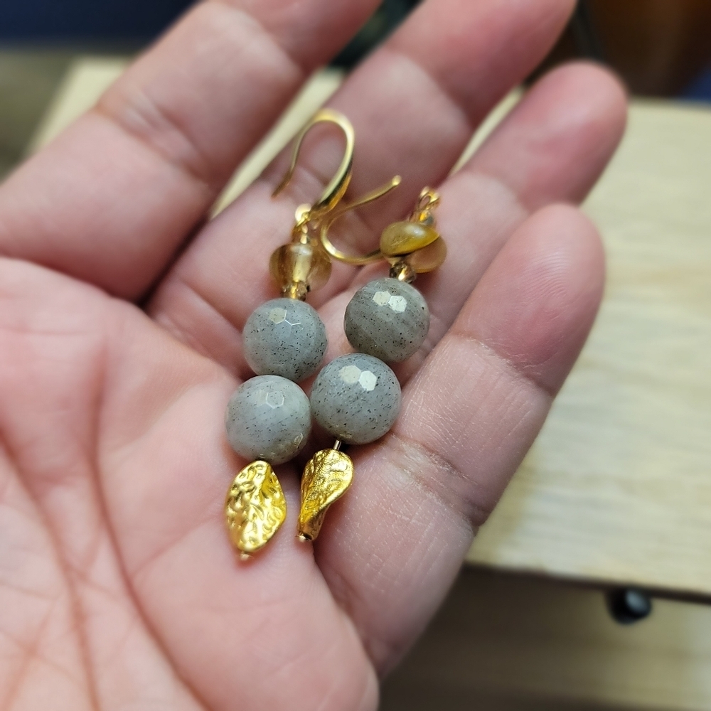 Handmade Labradorite & Volcano Cherry Quartz Dangle Earrings Gold Leaf Charm - Picture 3 of 7
